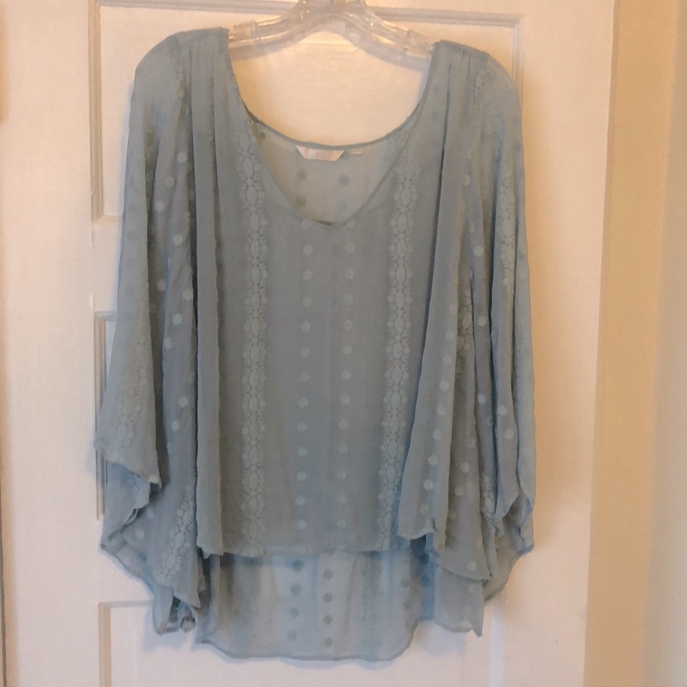 ZOA Sheer Blue Embroidered Batwing Top size L
